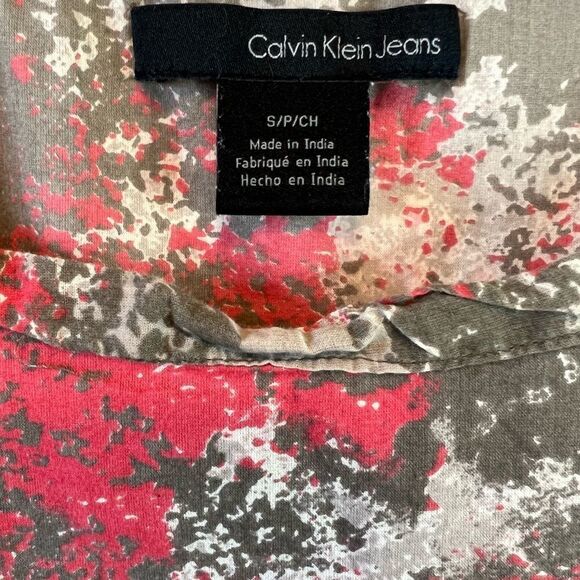 CALVIN KLEIN JEANS Cotton Coral&Tan Printed Shirt Sleeve Bubble Casual Top S - Picture 7 of 8